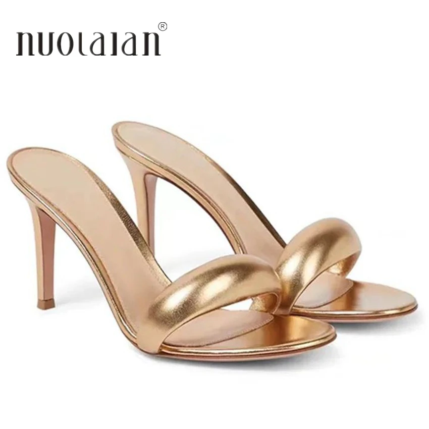 Summer Sexy High Heels Slippers Round Peep Toe Sandal Shoe Slides Pumps Shoes Women Fashion Mules Stiletto SLIP ON Sandals