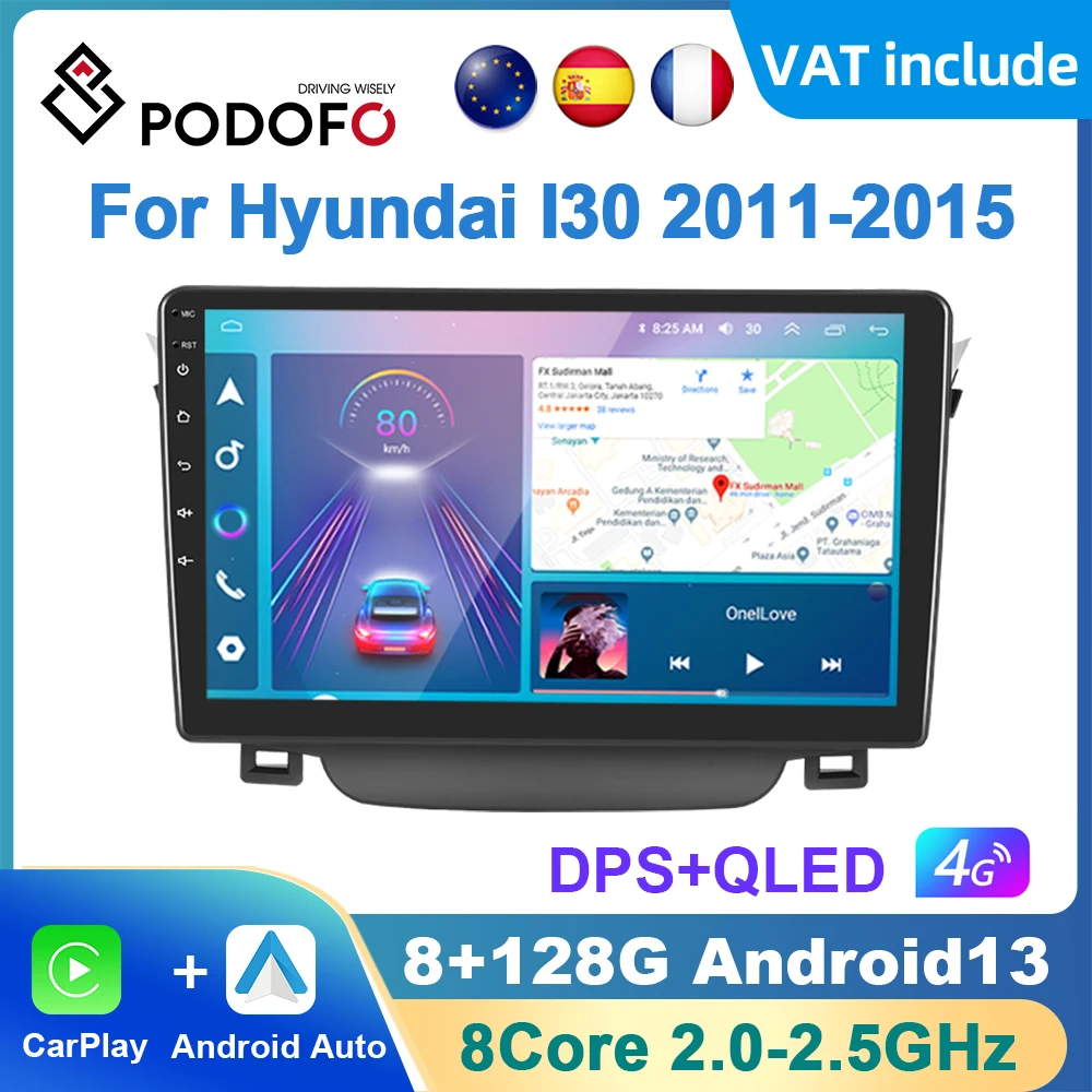 Podofo AI Voice Android Carplay Car Radio For Hyundai I30 2011-2015 Android Auto WIFI Multimedia Player GPS Navigation RDS Radio