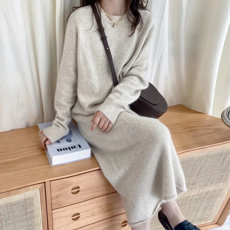 Autumn Winter Women's Mid-Length Loose Thickened Knitted Dress Knee-Length Base Layer Long Dress Warmth Heating Function