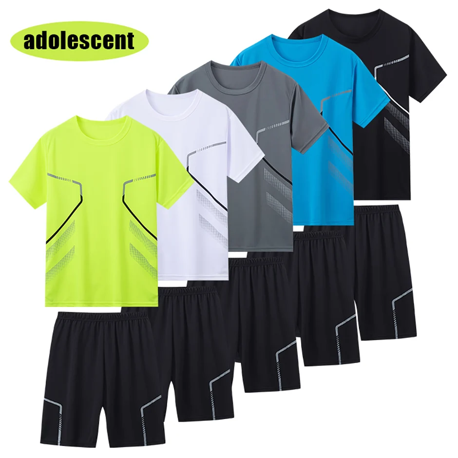 2-teiliges Sommer-Jugendset für 13-16-Jährige, mehrfarbig, schnelltrocknend, Sport-Kurzarm-Shorts-Set, bedrucktes T-Shirt für junge Männer und Frauen – Detail 3