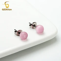 Bohemia Women Earrings 6mm Pink Opal Stone Earings Surgical Titanium Ear Piercing Jewelry Accessories Girls Children Day Gifts