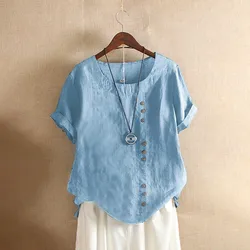 Women's Cotton And Linen Top Summer Casual Loose Fitting Button Short Sleeve Solid Color Pullover Blouse Femme Blusas