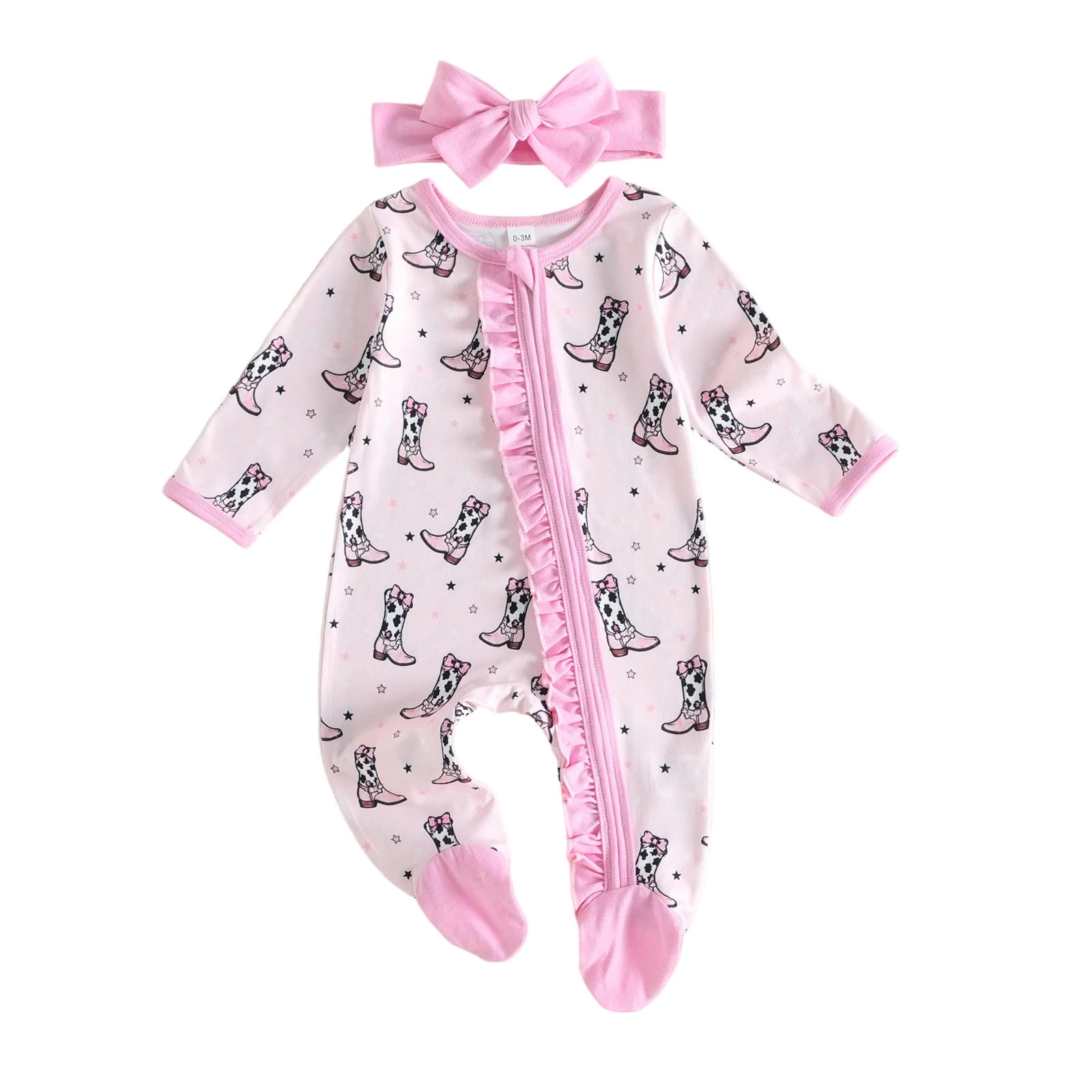 Baby Girls Outfit Long Sleeve Crew Neck Boots Print Footies and Headband