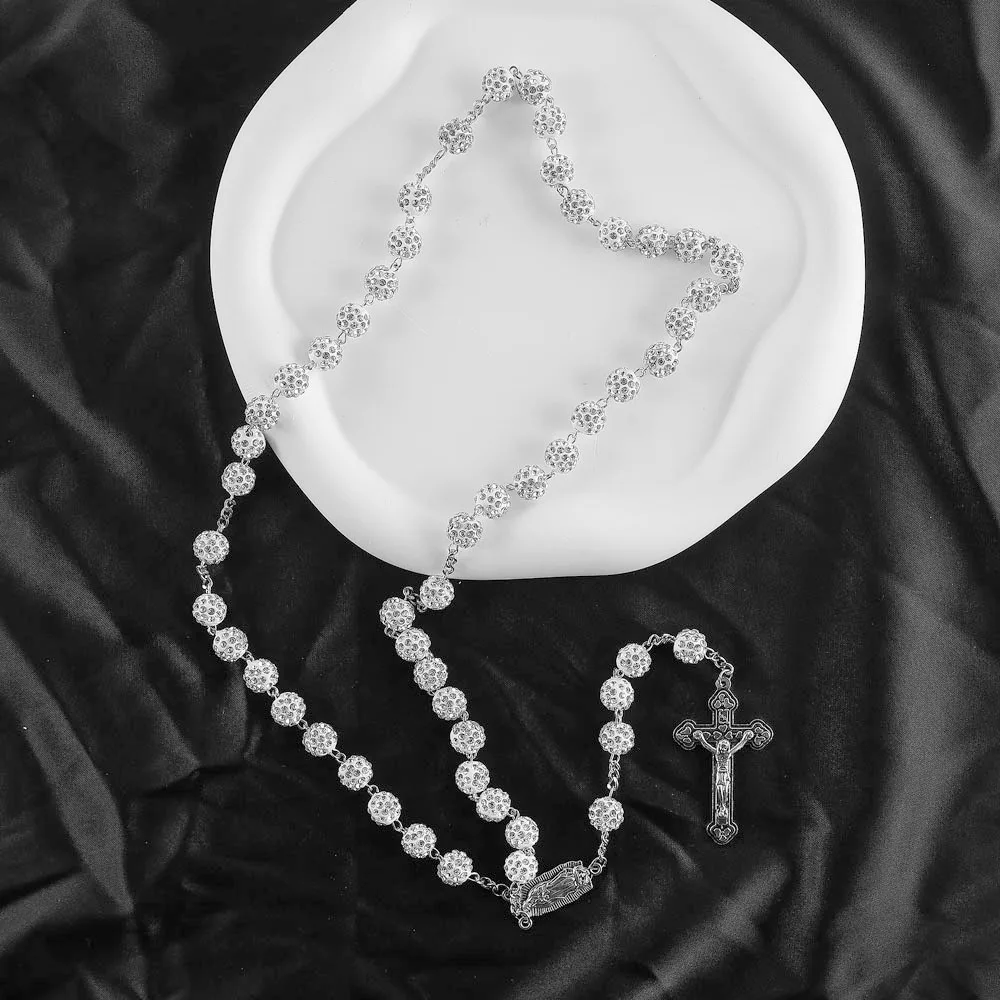 Handmade Diamond Ball Beads Catholic Rose Virgin Mary Cross Prayer Beads Women's Long Hair Clothing Chain Religious Gift