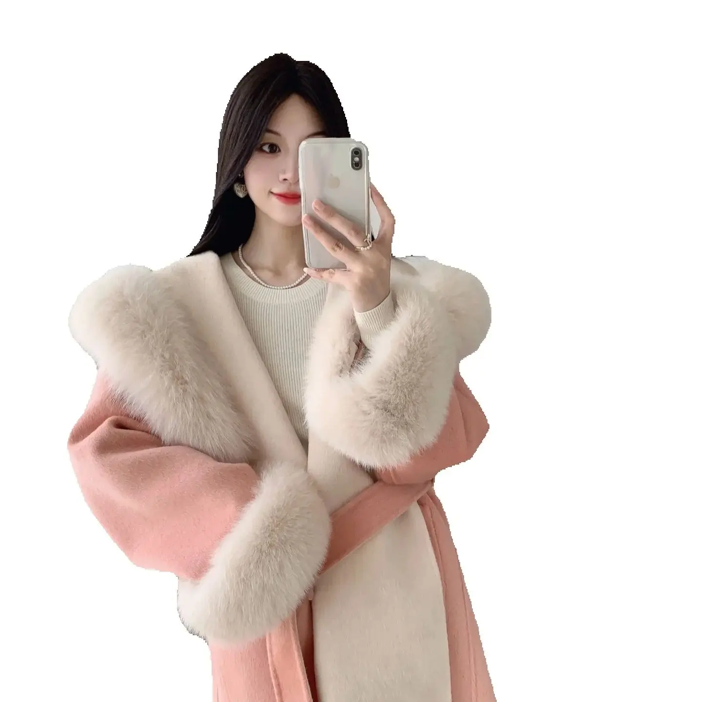 

Кашемировое пальто светло-розового цвета с капюшоном, воротником из меха лисы, шерстяное, двустороннее, класса люкс, для молодых женщин