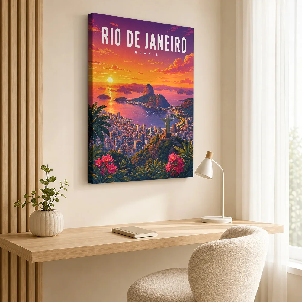 Rio De Janeiro Sunset Travel Gallery Wrapped Canvas Print Customized Photo Retro Destination Design Wall Art For Living Room