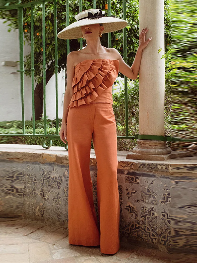 

Sexy Strapless Pleated Top Pants Set Women Fashionable Solid Sleeveless Slim Fit Vest Straight Pant Suit Lady Chic Casual Sets
