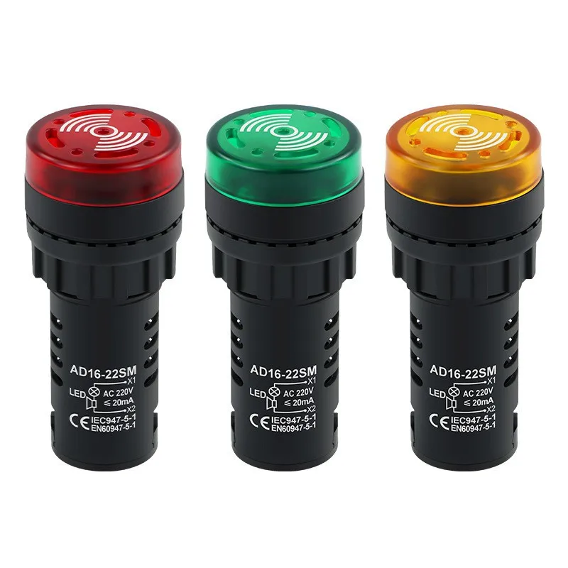 AD16-22SM 22mm LED Indicator Light with Active Buzzer Flash Signal Alarm 12V/24V Screw Terminal IP40/IP65