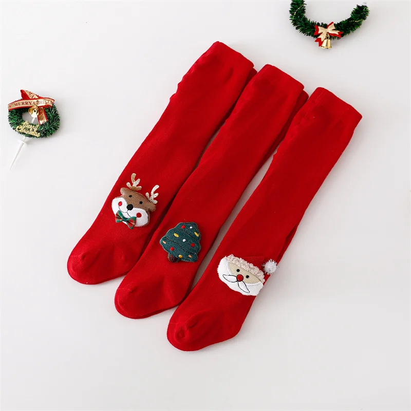 Christmas Tights for Newborn Baby Girls Autumn Winter Infant Cartoon Knitted Red Pantyhose Xmas New Years Gifts Pants 0-24Months