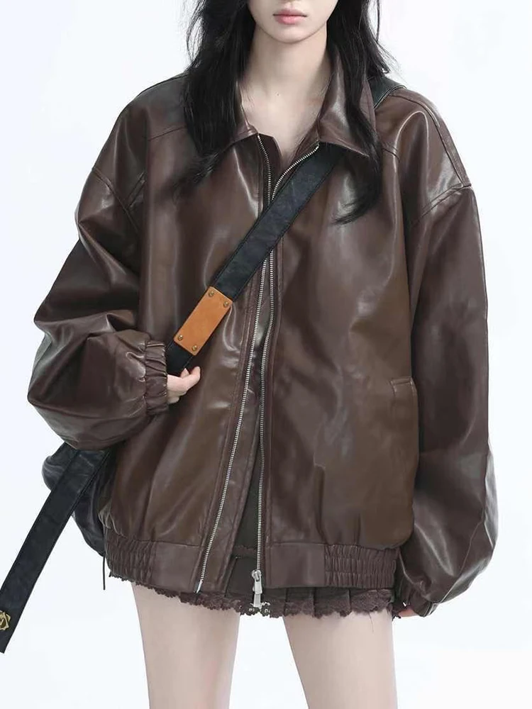 

American street retro motorcycle suit black leather jacket women's spring and autumn heavy loose jacket top