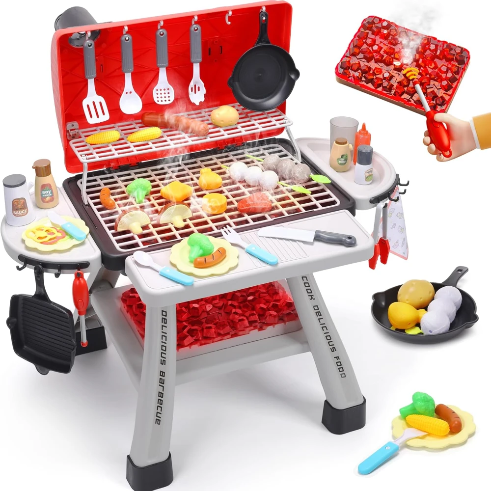 Conjunto de brinquedos para churrasqueira infantil, conjunto de brinquedos de cozinha, conjunto de brinquedos de fumaça realista, brinquedos interativos internos e externos para meninos e meninas