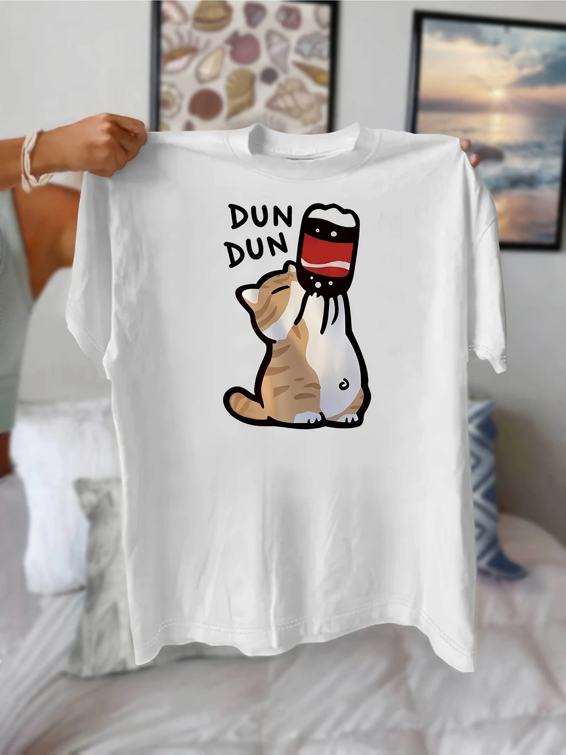 

Cute Cartoon Cat DUN DUN Soda Can Women's Crewneck Casual Short Sleeve T-Shirt Summer Harajuku Streetwear Tops Tees