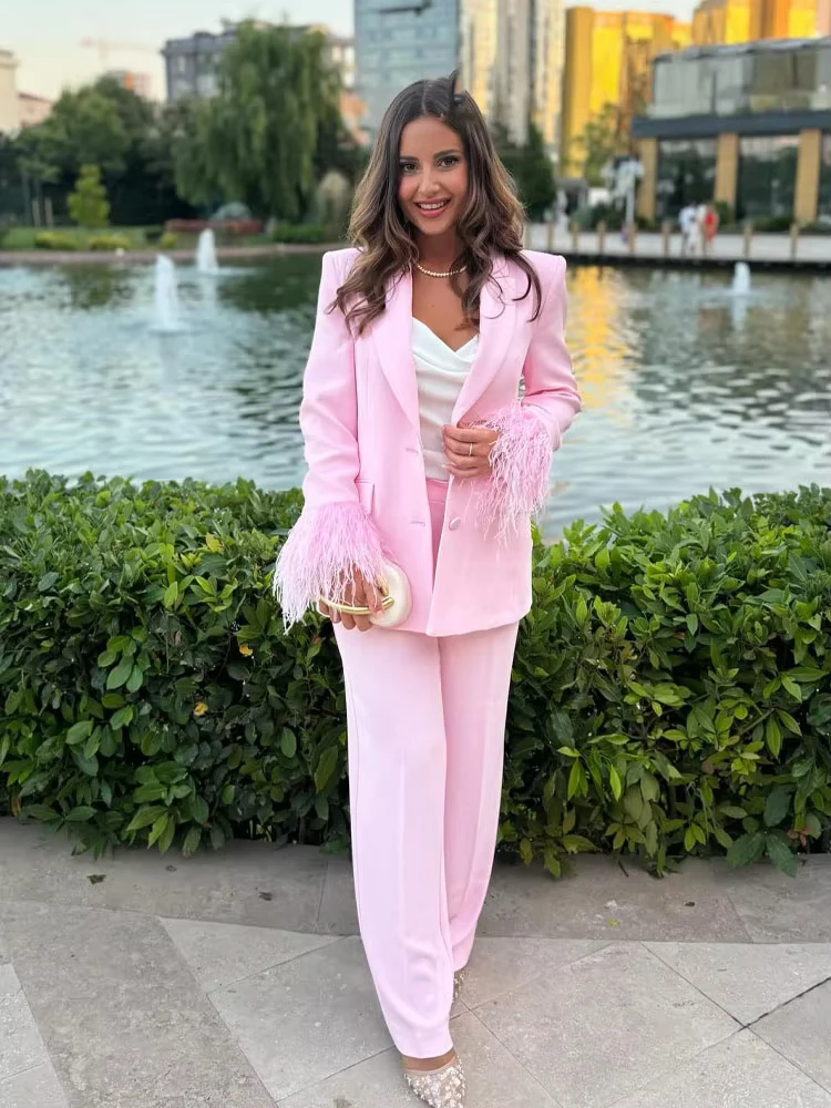 HH Women's Summer New Fashion Feather Pink Pant Suit Lapel Long Sleeve Blazer Coat+High Waist Pocket Commute Casual Trousers