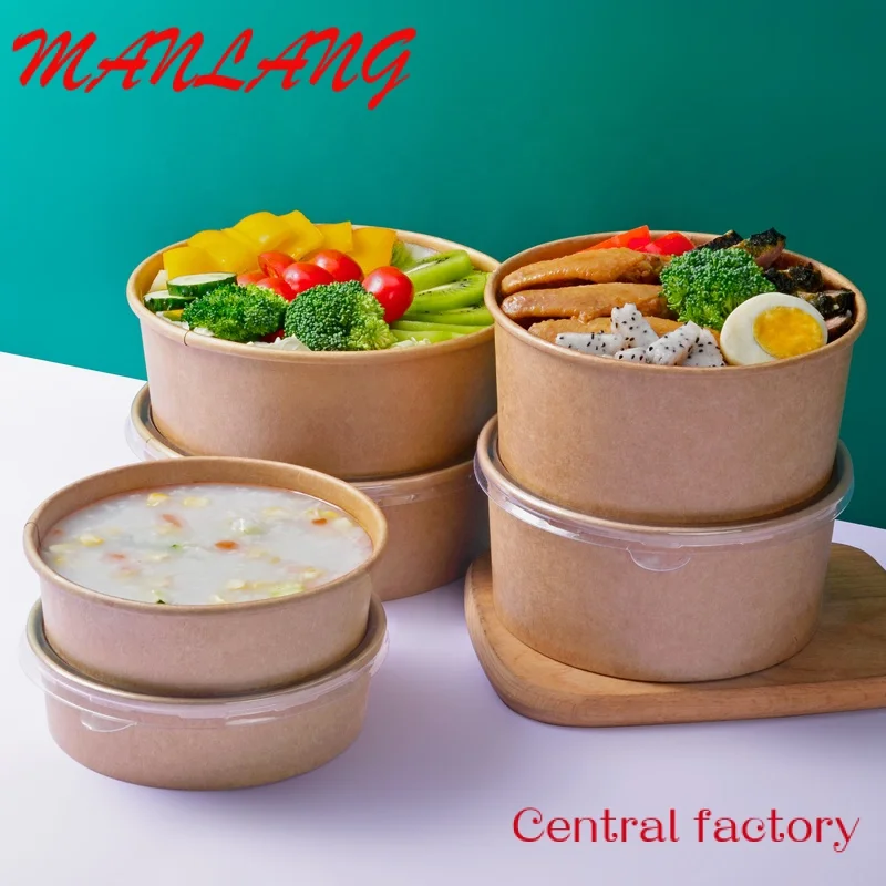 Custom  % Eco Friendly Biodegradable food Packaging Cup Bowl PLA PE coating Disposable Brown Round Kraft Paper Salad Bowl With L