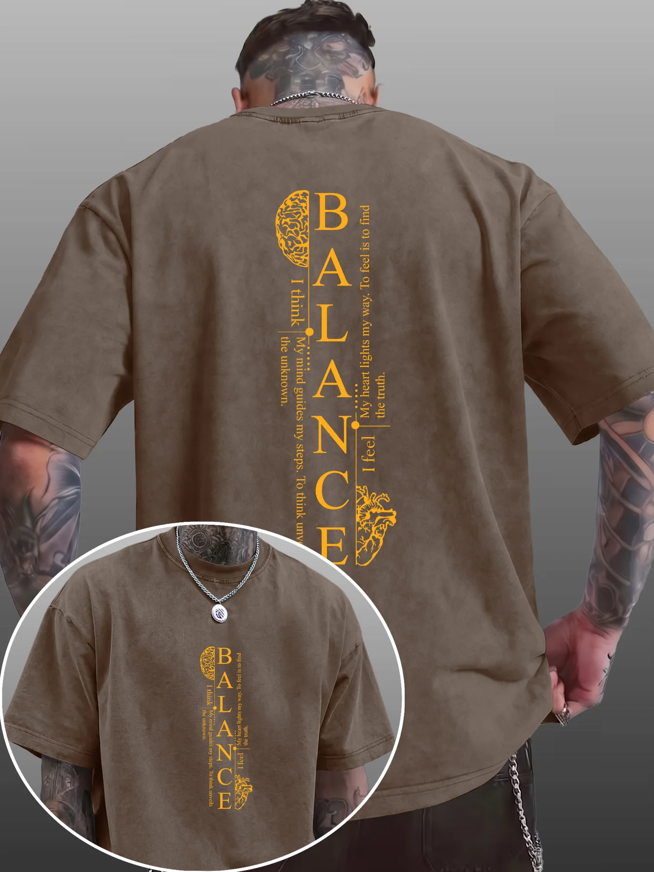 Men Cotton Loose Washed Vintage T-shirt, Vertical Balance Brain Heart Text Double Print American High Street Hip Hop Tee S-3XL