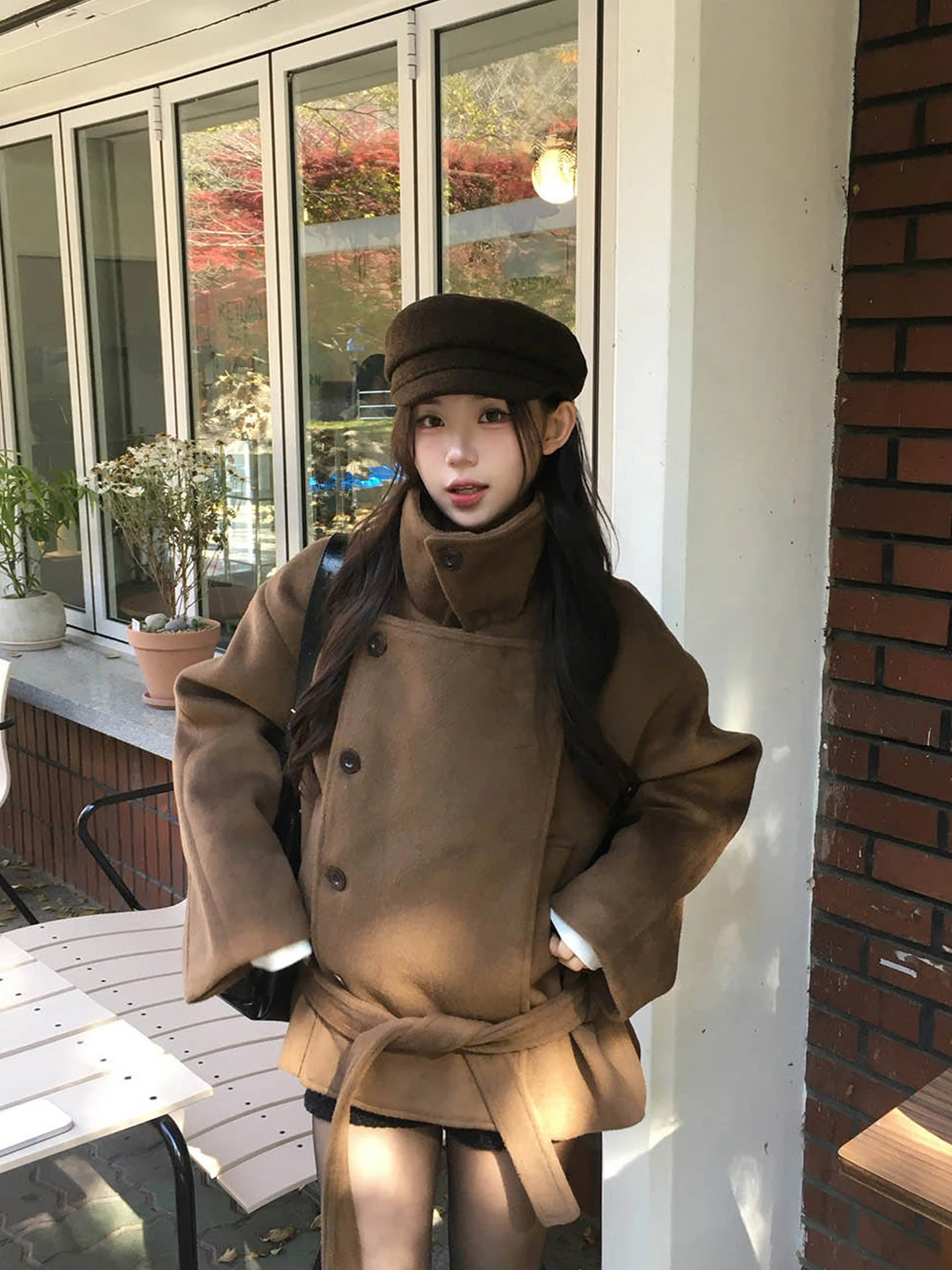 

Retro Double-Breasted Thiened Warm Woolen Coat Women's Winter New Sle Pure Color Tweed Top Loose Fit Long Sve Stand Co...