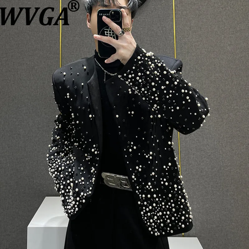 WVGA Spring Autumn New Men Tide Heavy Craft Diamond Trendy Patchwork Short Jacket Niche Chic Casual Pearl O-Neck Coat Ins W15408