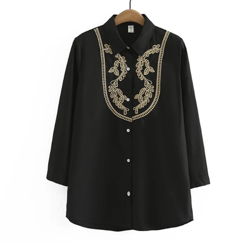 2023 Big Size Women's Autumn New Korean Version Slimming Mid-Length Long Sleeve Embroidered Shirt Blouse