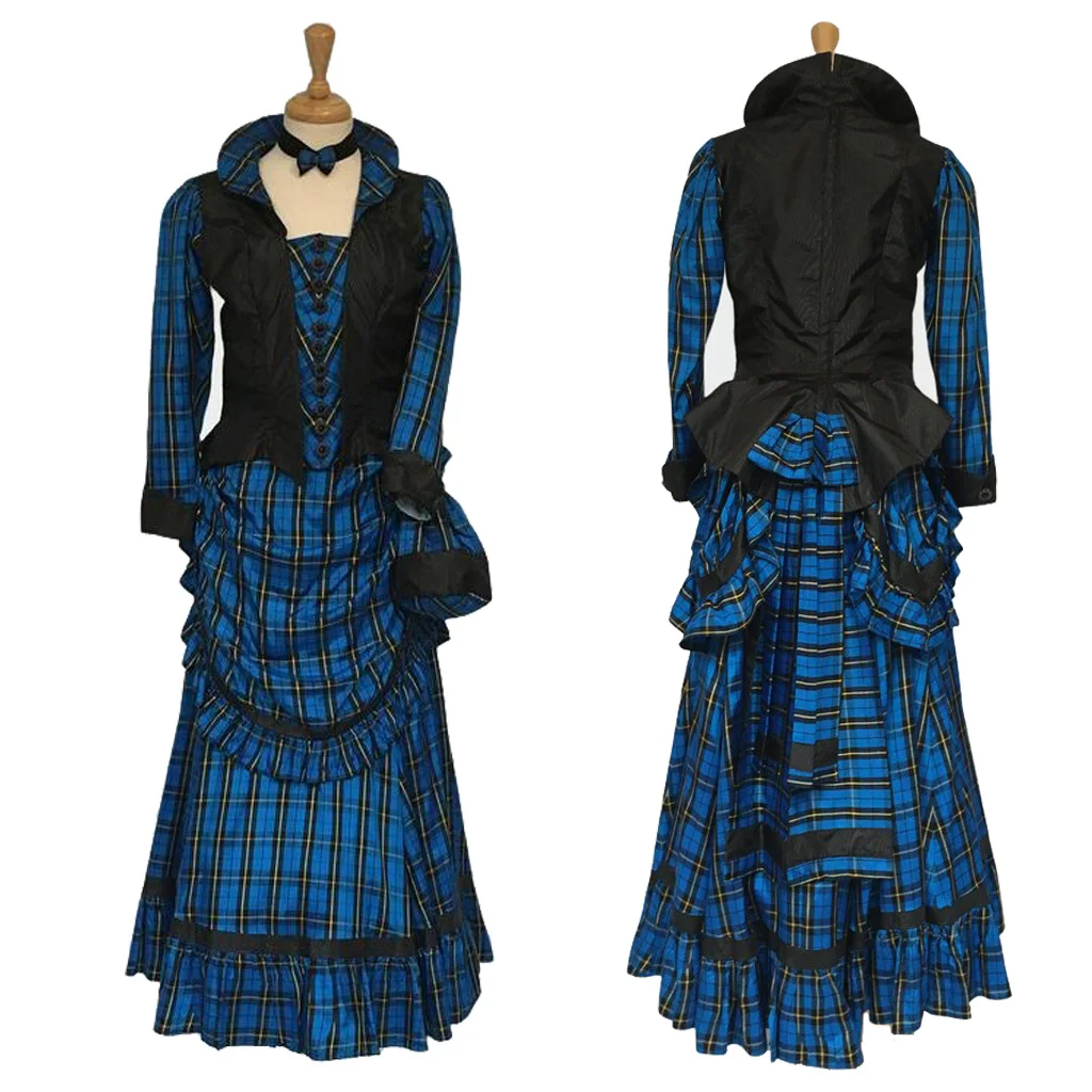 18th Century Victorian Blue Plaid Bustle Dress Costume Women Victorian Scotland Highland Dress Walking Dress Christmas Dress