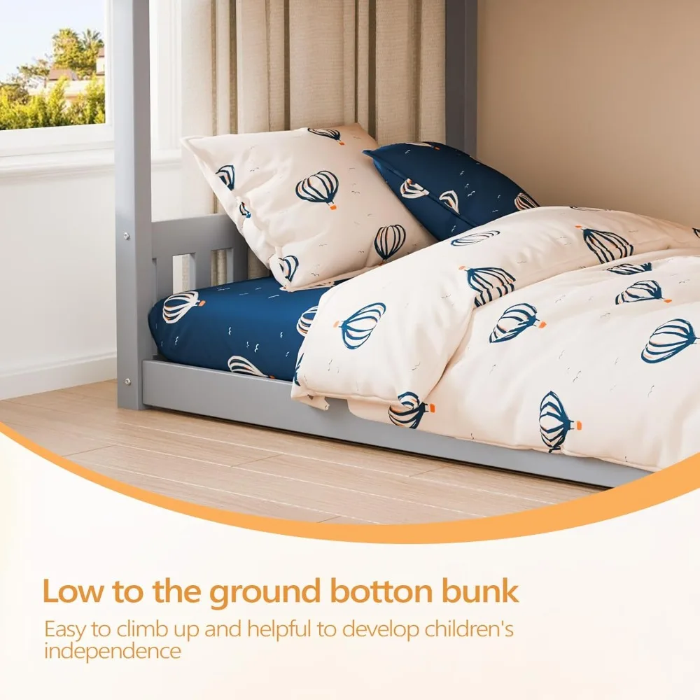 سرير بطابقين منخفض من الخشب الصلب للأطفال/الصغار، إطار سرير بطابقين مع درابزين وسلم للأولاد والبنات، بدون صندوق زنبركي #5
