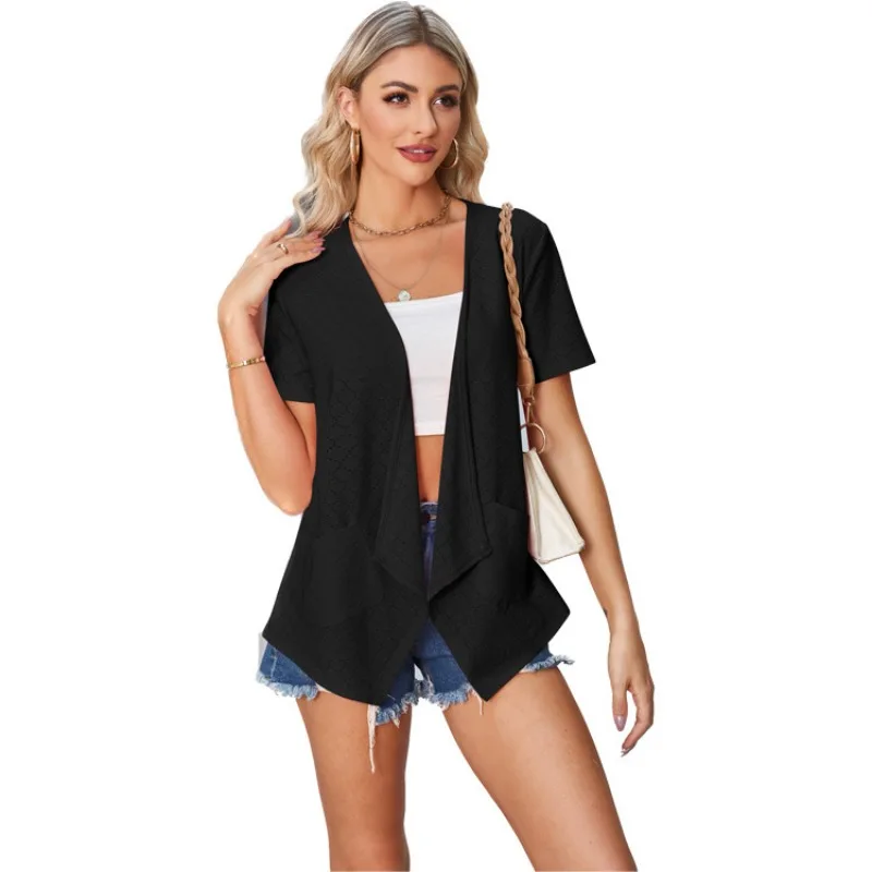 Frauen Cardigans einfarbige Öse kurze Ärmel neue Sommer lose lässige vielseitige Tasche Cardigan offene Front V-Ausschnitt Outwear Top