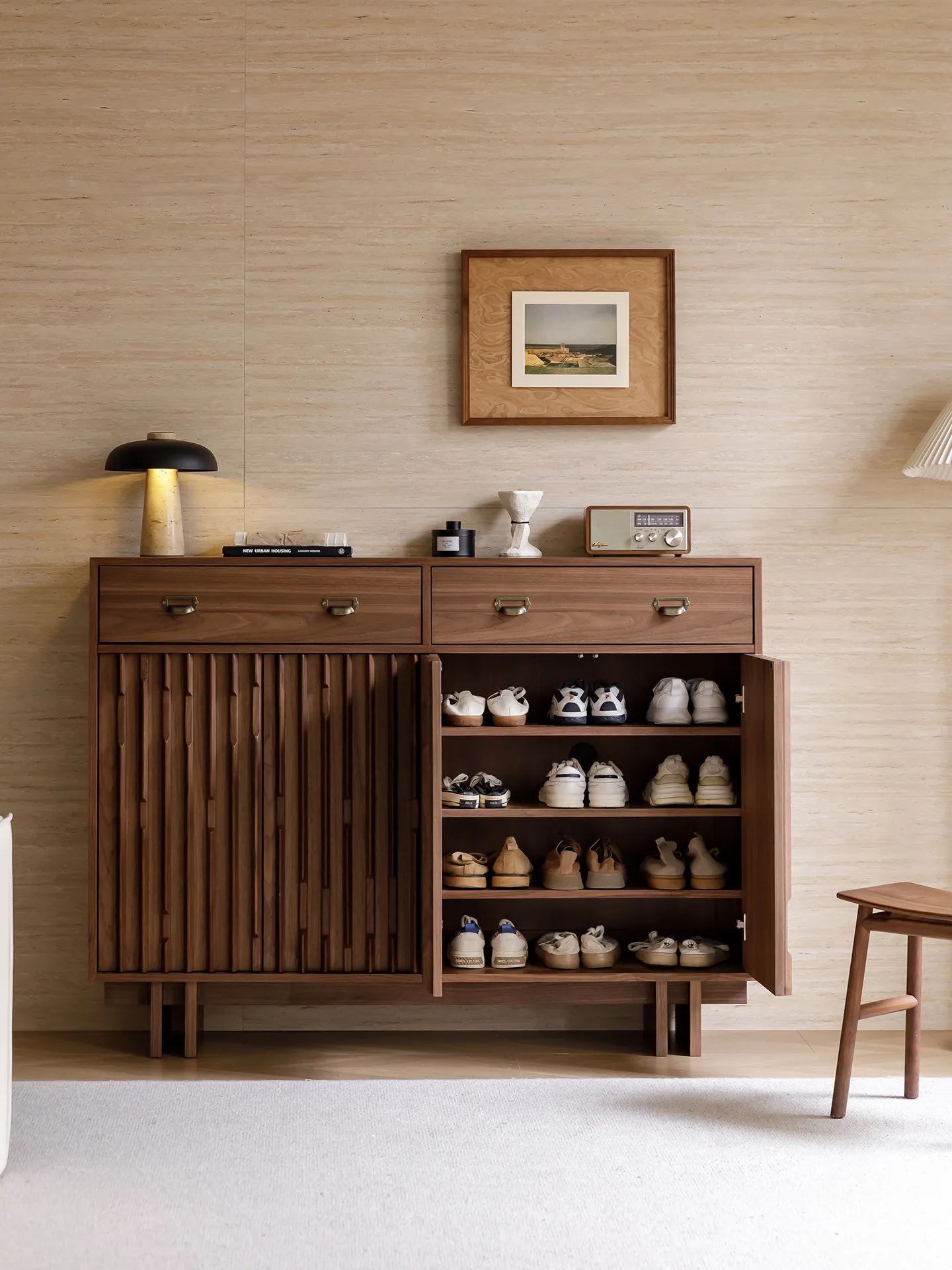 Solid wood shoe cabinet 2026 new North American black walnut French retro home entry drawer storage cabinet porch shoe cabinet