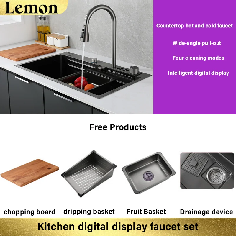 

Multifunctional waterfall kitchen sink faucet set with gravity ball automatic recycling smart digital display,