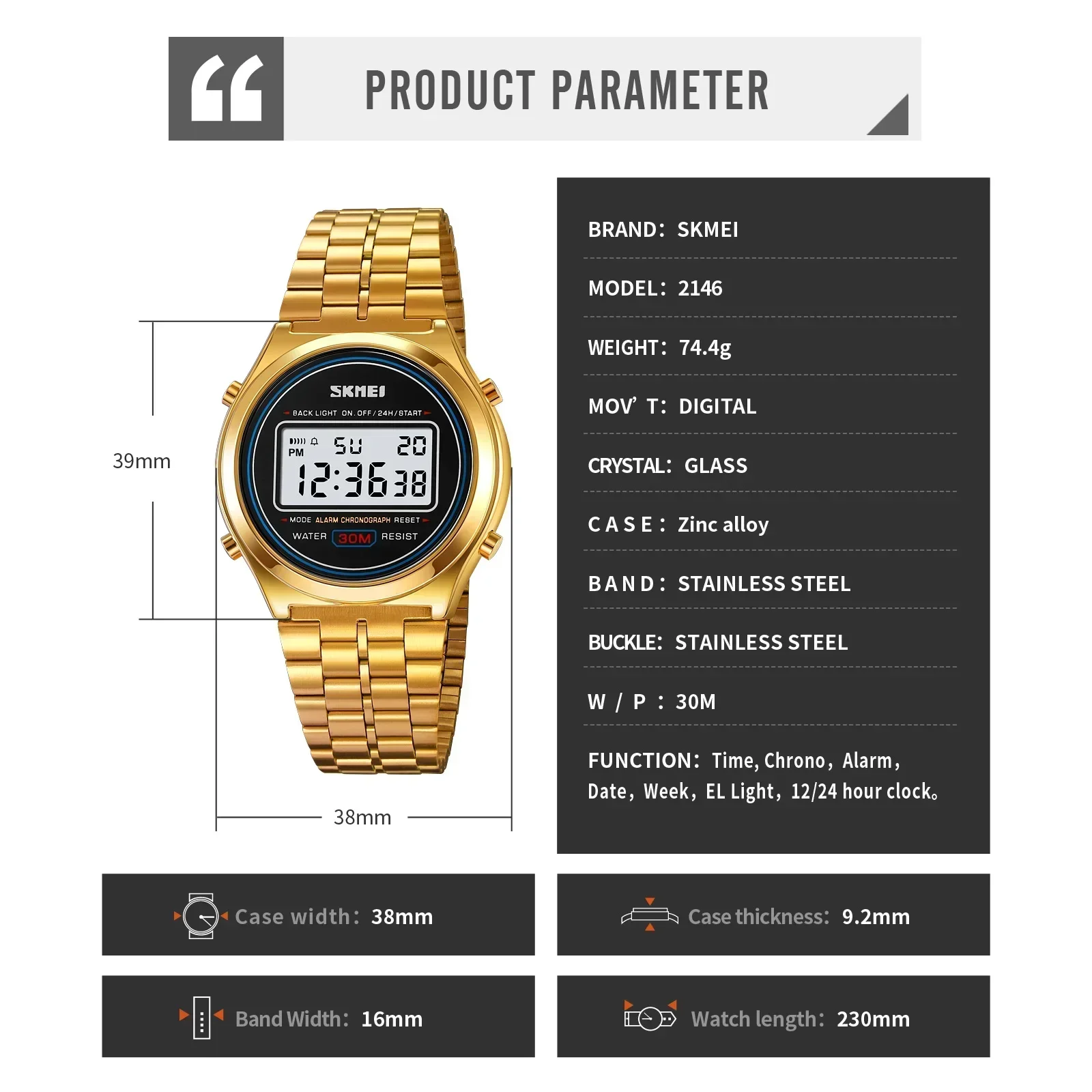 SKMEI-reloj deportivo Digital para hombre, cronómetro con pantalla de luz trasera, alarma de fecha, de acero inoxidable 2146, resistente al agua