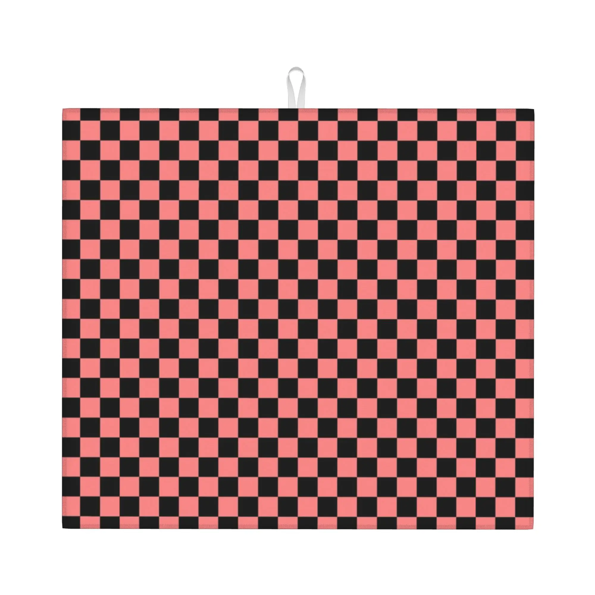 Black and Coral Pink Checkerboard Plaid Non Slip Kitchen Counter Protector Mat Barware Tableware Reusable Drying Mat For Kitchen