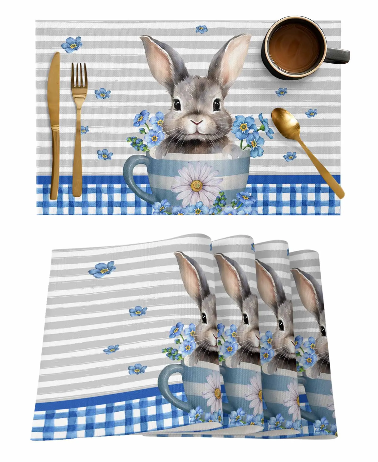 Easter Blue Checkered Cup Grey Rabbit Forget Me Not Wedding Table Runners Kitchen Dinning Table Cover Decor Tablecloth Placemats