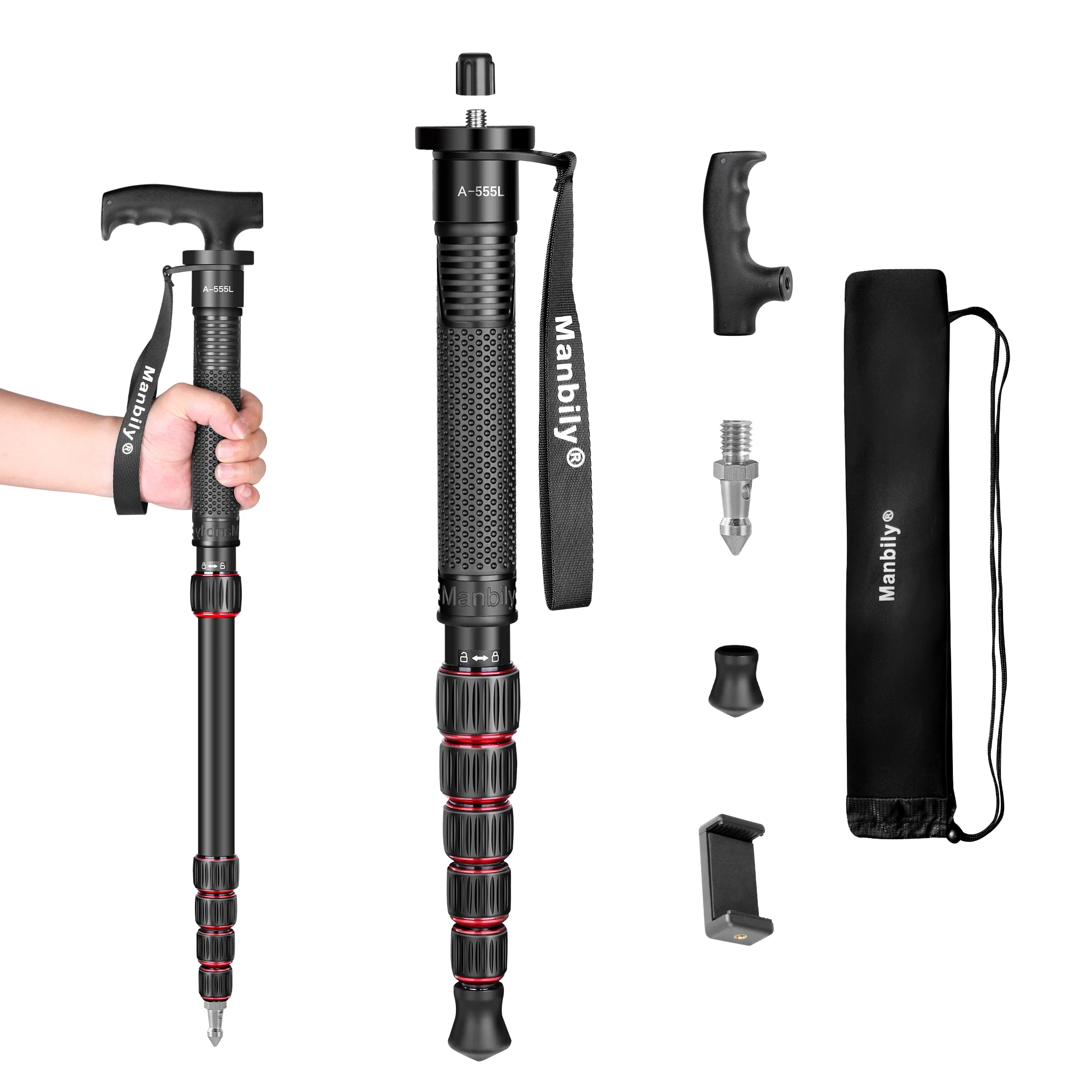 Manbily A-555L Monopiede in fibra di carbonio, leggero, per fotocamere DSLR, supporto portatile, monopiede per video, estensione massima 155 cm, carico massimo 7 kg.