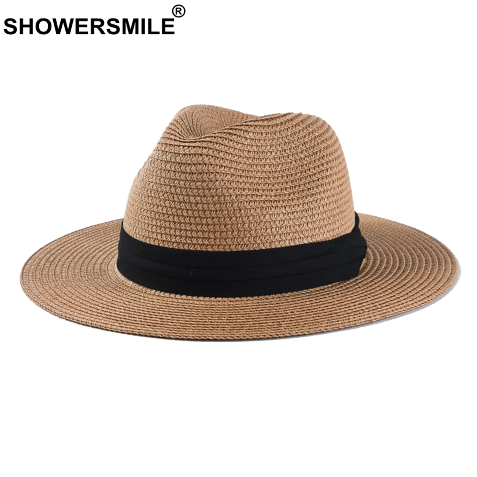 SHOWERSMILE Panama Hat Men Classic Straw Jazz Hat Women Beige Outdoor Casual Hawaiian Ribbon Sun Protection Summer Hat Unisex