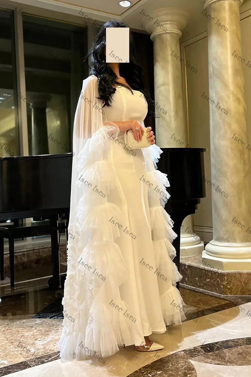 Vestidos de Noche blancos, apliques de cuentas de satén, volantes, ocasiones formales, mangas tipo capa, vestido de fiesta, vestidos de fiesta de noche personalizados