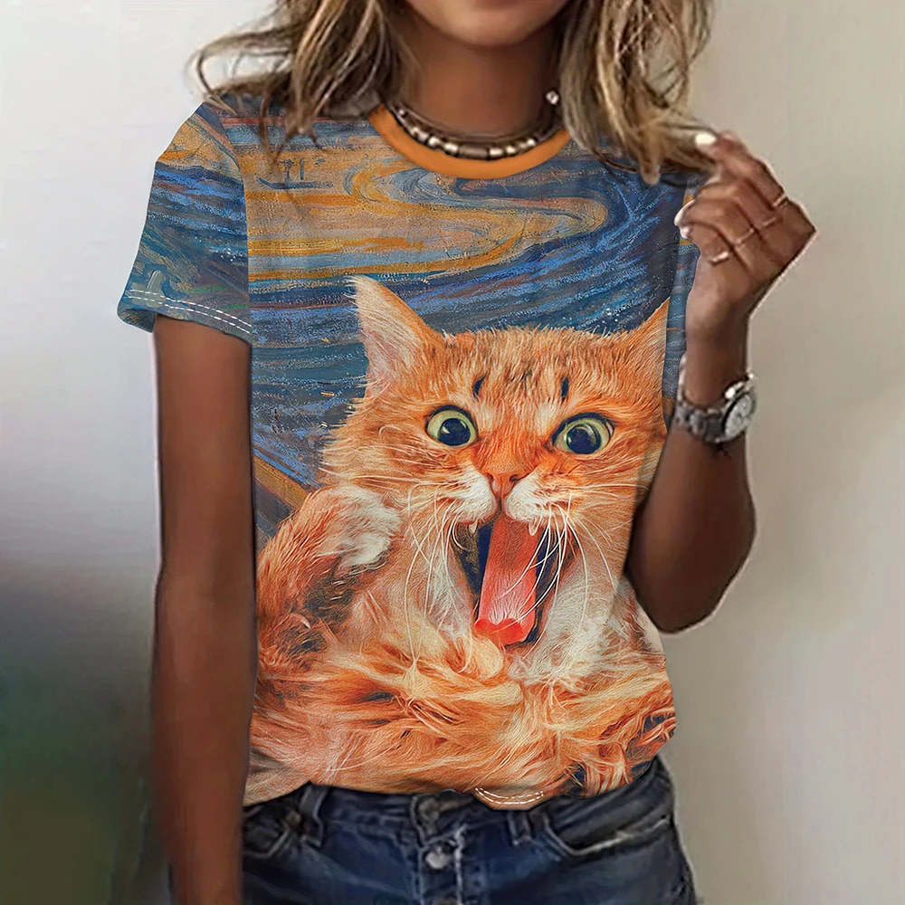 Cat Pattern Women's T-Shirt Summer Fashion Short Sleeved Casual Top Breathable Micro Elastic O Neck T-Shirt Women's Clothing