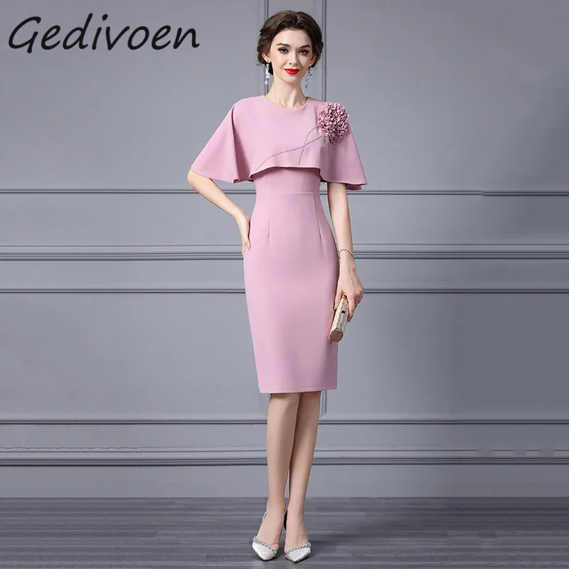 

Gedivoen Summer Fashion Designer Vintage Package Buttock Dress Women Cloak Sleeves Beading Appliques High Waist Slit Midi Dress