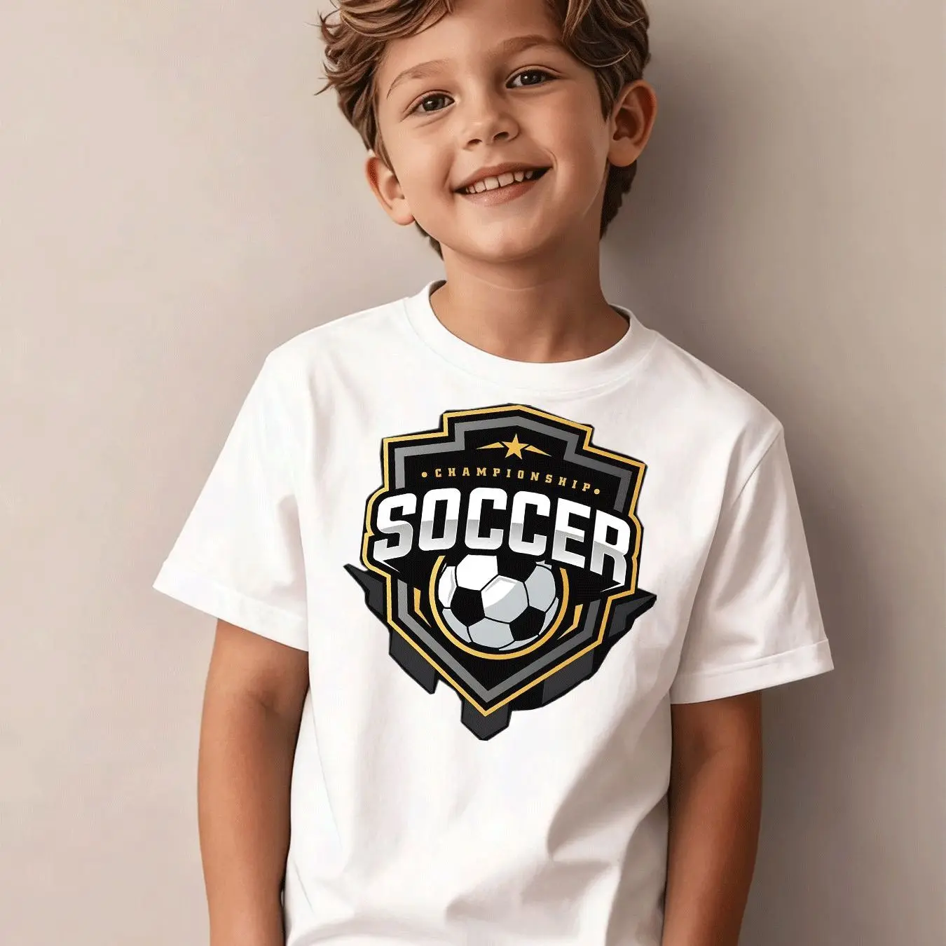 Camiseta Negra de Cuello Redondo para Niños, Estilo Deportivo Informal, Ropa Infantil, Camiseta con Estampado de Escudo de Fútbol Champion