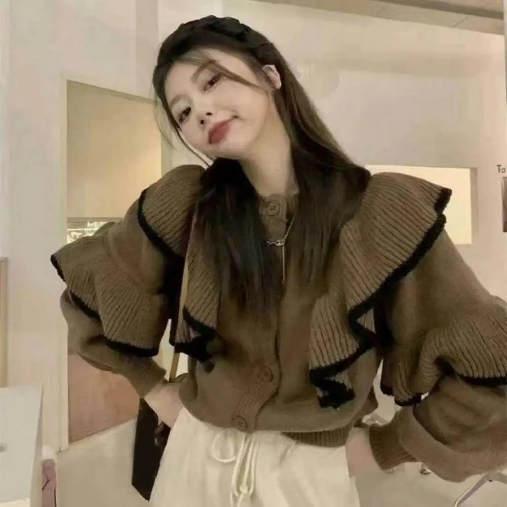 Women Winter Sweater Buttons Ruffle Loose Sweater Vintage Princess Style Single-breasted Knitted Sweater Lady Fall Spring Top