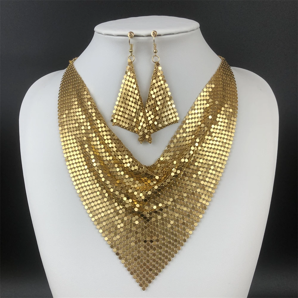 ESALE Fashion Dubai Jewelry Set Shining Gold Plated Metal Sheet Women Party Banquet Gifts Bold Necklace Earrings Set