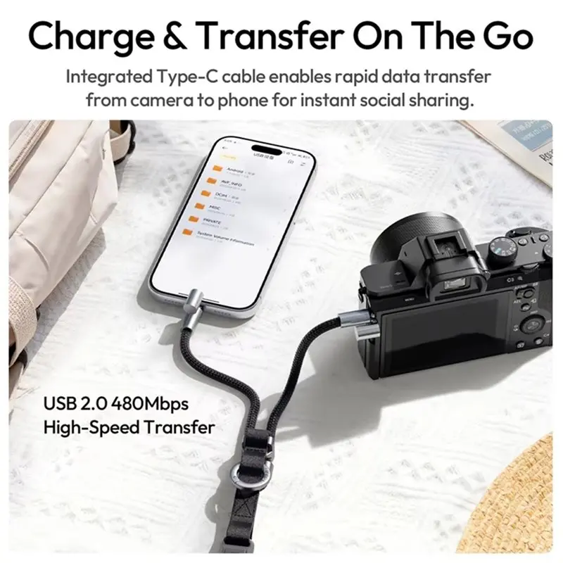 DIGIT-YF01 Y-Flex Strap Camera/Phone Shoulder Strap Wrist Strap With Type-C Data Transfer Cable For Outdoor Photography Black