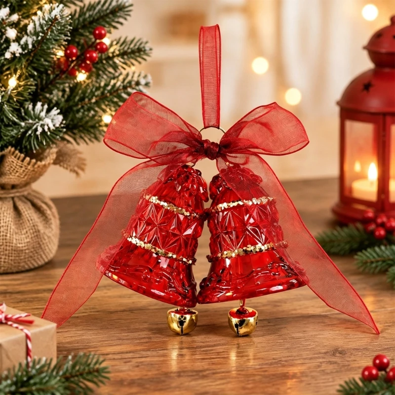 Bowknot-Loop Christmas Ornament, Twin Plastic Bells with Raised Texture for Tree Branch and Holiday Displays