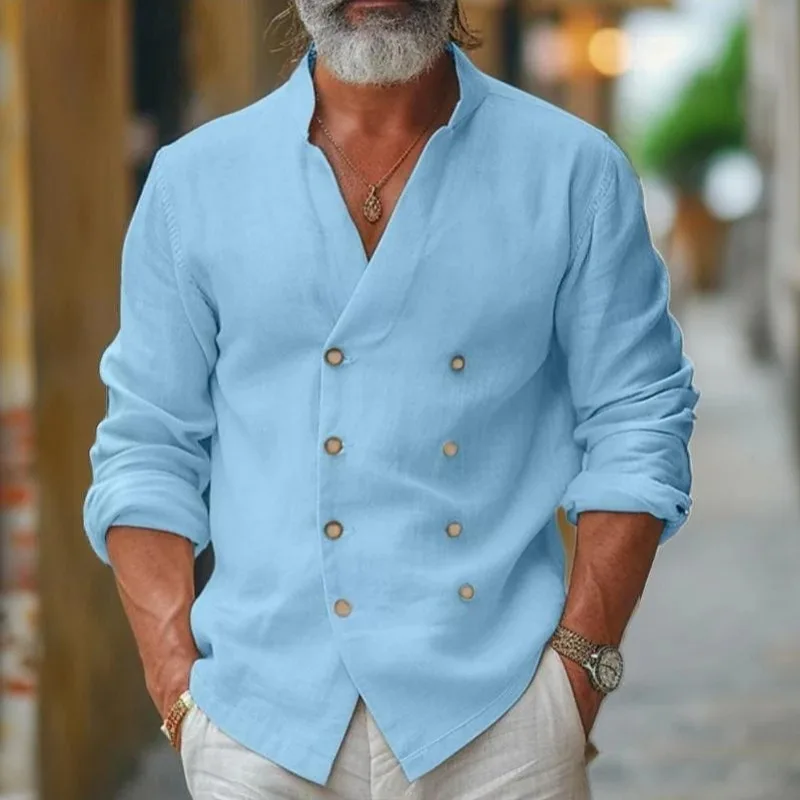

Retro Double Breasted Stand Up Collar Long Sleeved Shirts Men Summer Cotton Linen Breathable Home Casual Shirt Large Size S-3XL