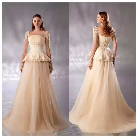 Customized Delicate Ivory Tulle Evening Dress Square Collar Long Sleeves Special Occasion Gowns Celebrity Gowns Appliques