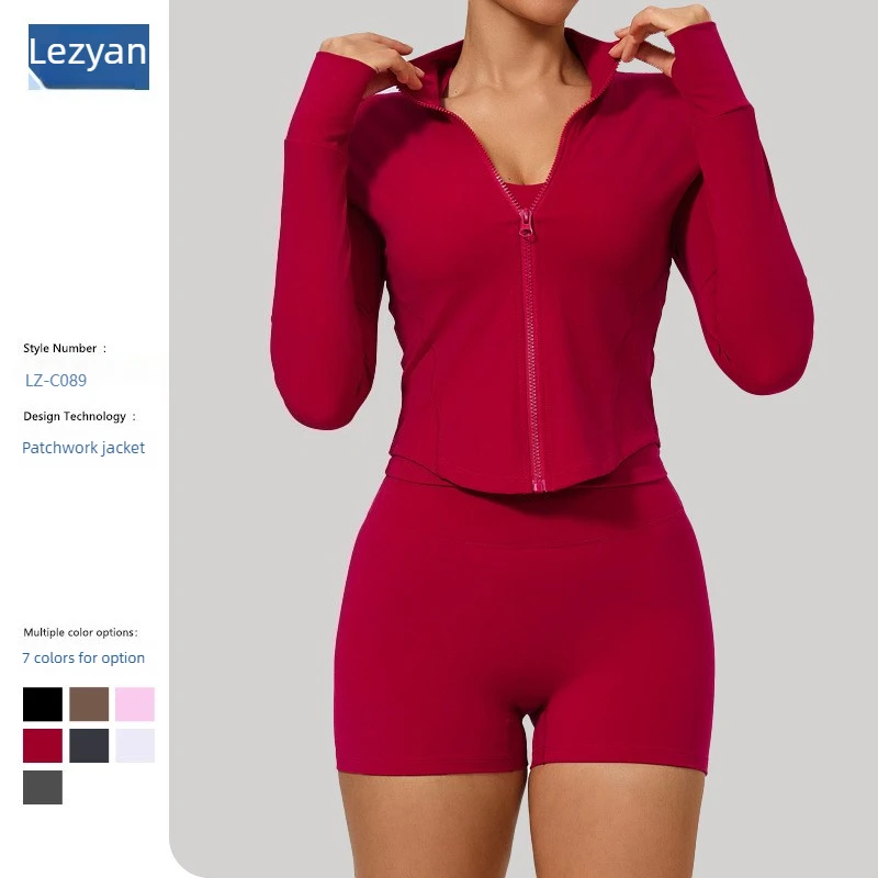 Lezyan Yoga-Fitnessjacke für Damen, schnell trocknend, eng anliegend, mit Reißverschluss, Stehkragen, langärmelig, Gym-Jacke, Fitness-Trainingskleidung für Damen
