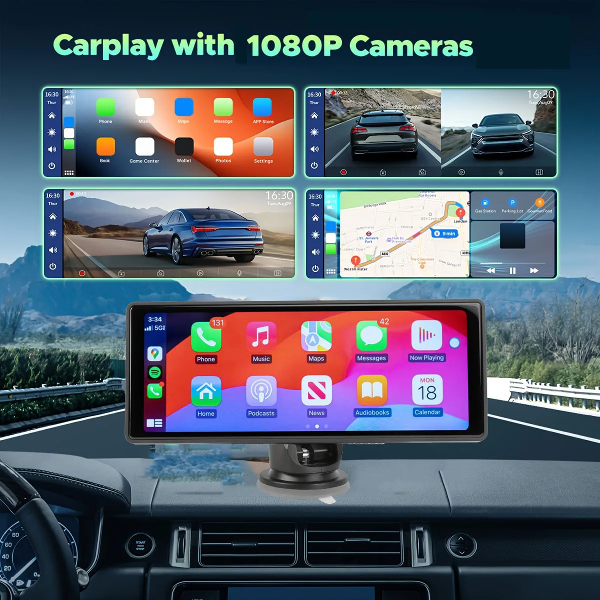 

10.26 Inch 4K DVR Wireless CarPlay & Android Auto Dash Cam Bluetooth Audio GPS Navigation Dashboard Video Recorder