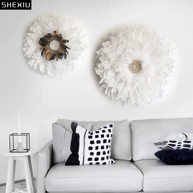 

White Feather Wall Hanging Ornaments Artificial Flower Straw Crafts Wall-mounted Pictures Living Room Backdrop Display