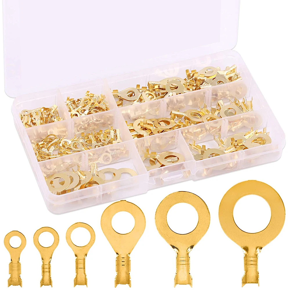 150/260pcs Uninsulated Wire Connector Assortment Kit M3/M4/M5/M6/M8/M10 Copper Crimp Ring Terminals