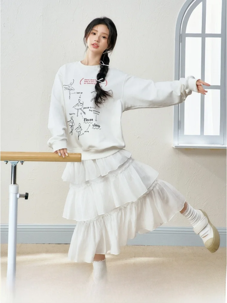 

ELEVEN SP Original Ballet Style Long Sleeve round Neck Loose Sweet Women's Sweatshirt Printed Comfortable Cotton Polyester Blend