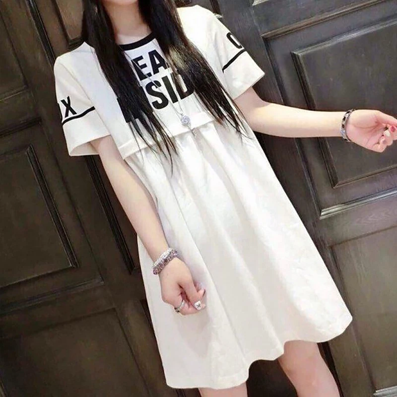 

Fashion O-Neck Spliced Printed Letter Folds Casual Dress Female Clothing Summer New Loose Short Sleeve All-match Mini Dress