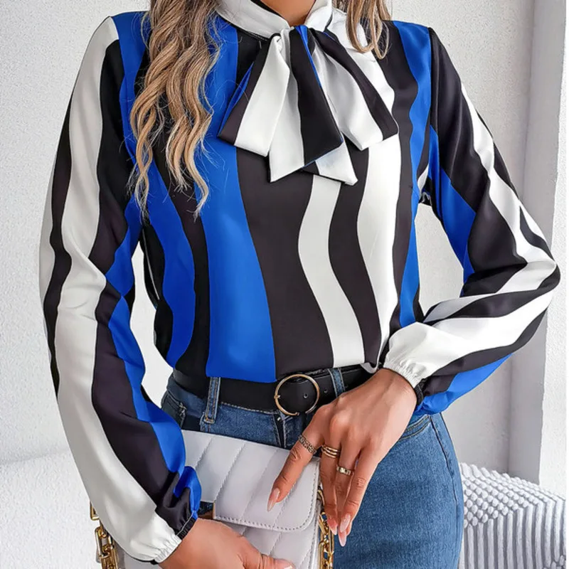 Spring Summer New Temperament Color Contrast Striped with Lantern Sleeve Chiffon Shirt on Street Casual Style Suit Shirt Blouse