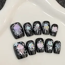 10Pcs/1 Set Women Black Jellyfish Butterfly Handmade Cat Eye High-end Press on Nails Short Square Trend Nail Stickers Nail Art